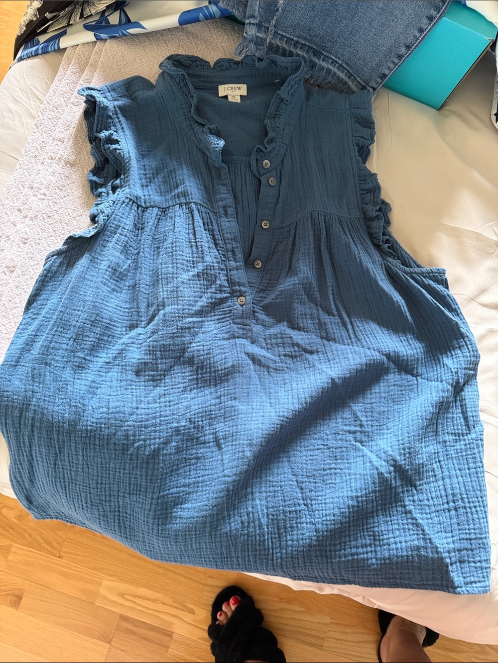 J. Crew Slate Blue Ruffled Cotton Gauze Sleeveless Top
